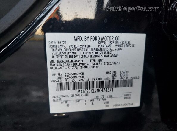 MAJ6S3KL9NC474571 2022 FORD ECOSPORT Black VIN კოდის სტიკერის ხედი