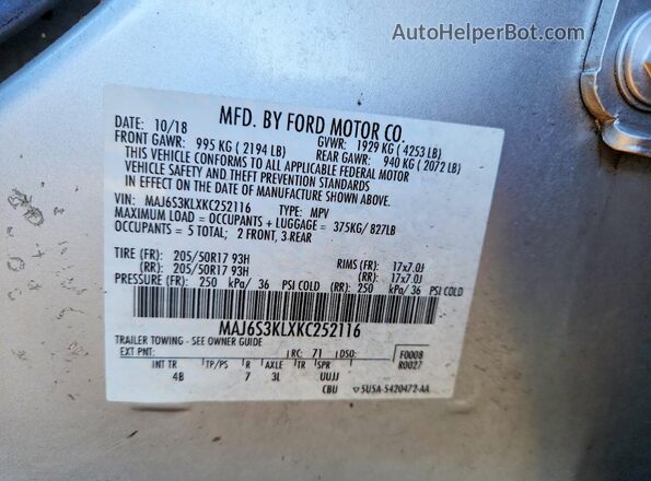 MAJ6S3KLXKC252116 2019 FORD ECOSPORT Silver VIN კოდის სტიკერის ხედი