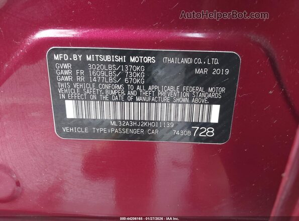 ML32A3HJ2KH011139 2019 MITSUBISHI MIRAGE Темно-бордовый Вид подкапотного пространства