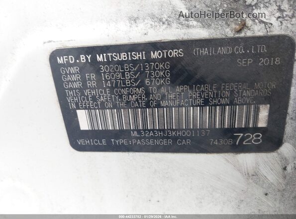 ML32A3HJ3KH001137 2019 MITSUBISHI MIRAGE White Շարժիչի բաժամունքի տեսք