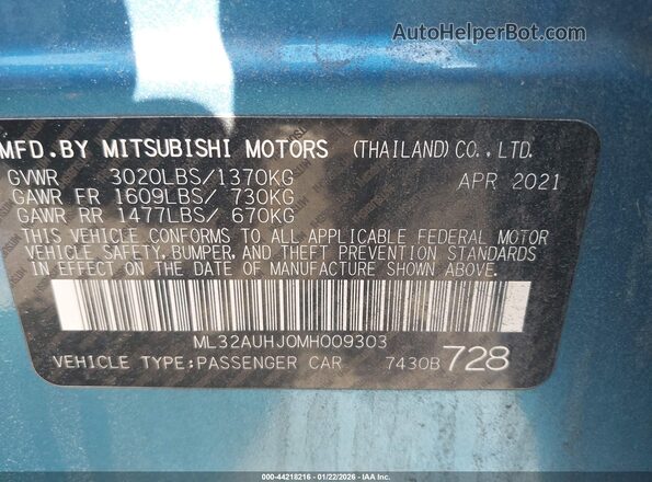 ML32AUHJ0MH009303 2021 MITSUBISHI MIRAGE Синий Вид подкапотного пространства