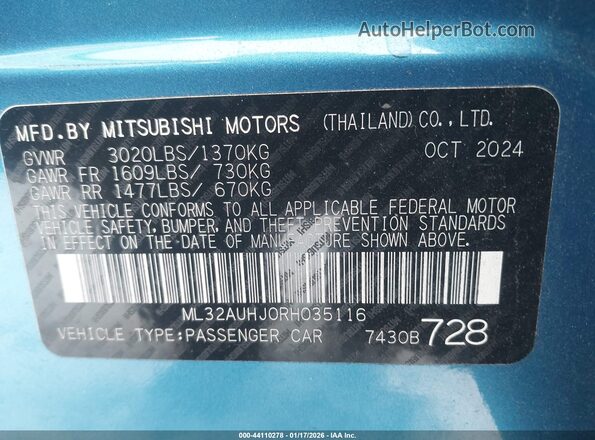 ML32AUHJ0RH035116 2024 MITSUBISHI MIRAGE Blue Engine compartment view