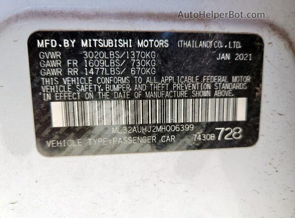 ML32AUHJ2MH006399 2021 MITSUBISHI MIRAGE White Շարժիչի բաժամունքի տեսք