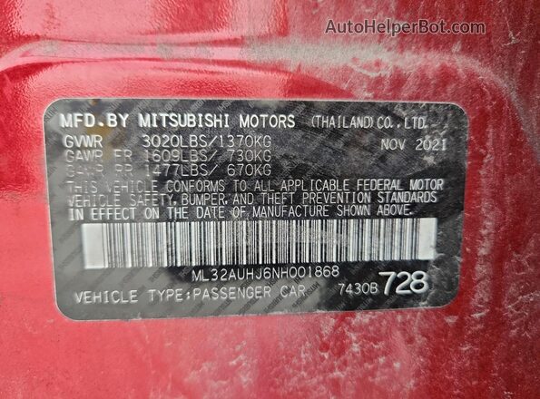 ML32AUHJ6NH001868 2022 MITSUBISHI MIRAGE Red Вид наклейки з VIN-кодом