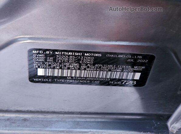 ML32AUHJ6NH009033 2022 MITSUBISHI MIRAGE Gray VIN კოდის სტიკერის ხედი