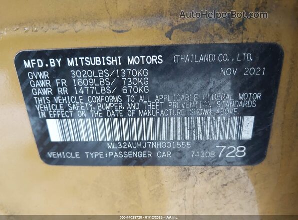ML32AUHJ7NH001555 2022 MITSUBISHI MIRAGE Золотой Вид подкапотного пространства