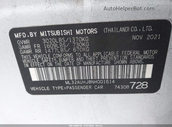 ML32AUHJ8NH001614 2022 MITSUBISHI MIRAGE White Вид підкапотного простору