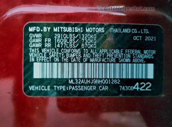 ML32AUHJ9NH001282 2022 MITSUBISHI MIRAGE Red VIN კოდის სტიკერის ხედი