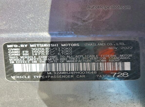 ML32AWHJ4PH003648 2023 MITSUBISHI MIRAGE Gray VIN կոդի պիտակի տեսք