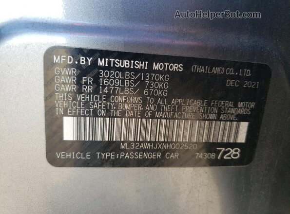 ML32AWHJXNH002520 2022 MITSUBISHI MIRAGE Gray Widok naklejki z numerem VIN