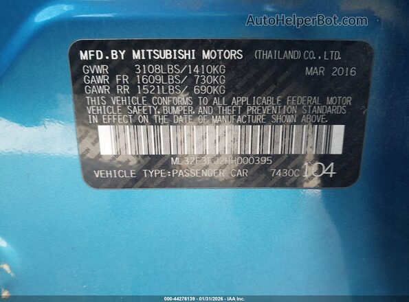ML32F3FJ2HH000395 2017 MITSUBISHI MIRAGE G4 Turquoise Vista del compartimento del motor