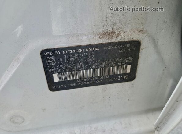 ML32F3FJ3JHF07332 2018 MITSUBISHI MIRAGE White 