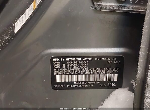 ML32F3FJ4KHF08216 2019 MITSUBISHI MIRAGE G4 Gray Vista del compartimento del motor