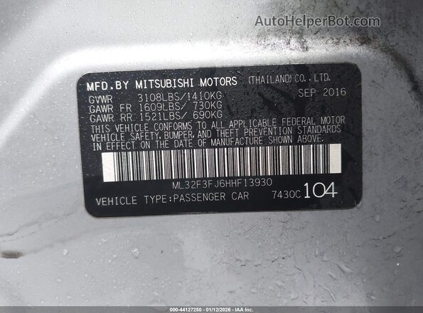 ML32F3FJ6HHF13930 2017 MITSUBISHI MIRAGE G4 Серебряный 