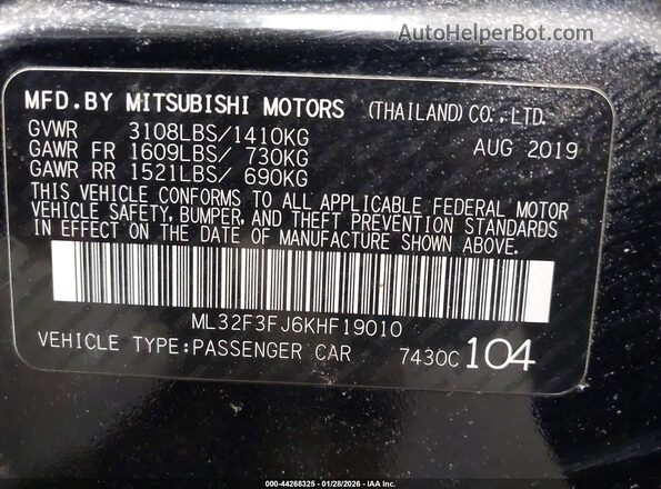 ML32F3FJ6KHF19010 2019 MITSUBISHI MIRAGE G4 Black Vista del compartimento del motor