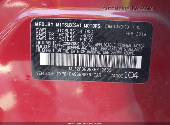 ML32F3FJ8KHF12835 2019 MITSUBISHI MIRAGE G4 Red ძრავის განყოფილების ხედი