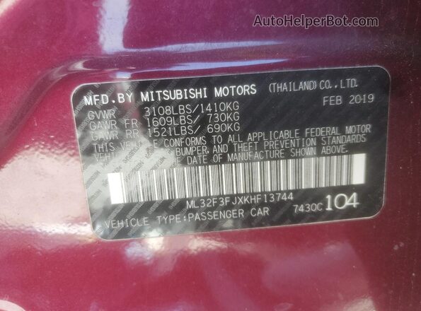 ML32F3FJXKHF13744 2019 MITSUBISHI MIRAGE Burgundy VIN კოდის სტიკერის ხედი