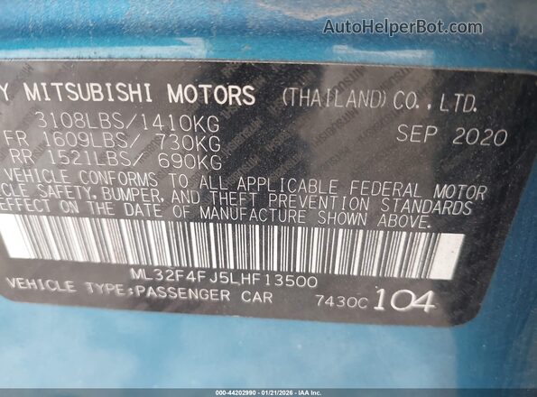 ML32F4FJ5LHF13500 2020 MITSUBISHI MIRAGE G4 Blue ძრავის განყოფილების ხედი