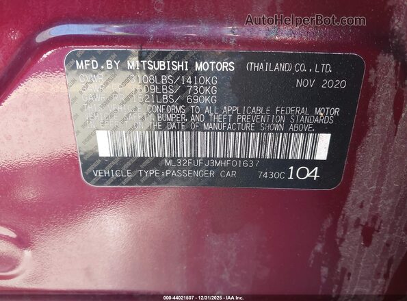 ML32FUFJ3MHF01637 2021 MITSUBISHI MIRAGE G4 Burgundy Вид підкапотного простору