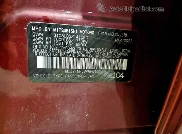 ML32FUFJ8PHF04604 2023 MITSUBISHI MIRAGE Burgundy VIN კოდის სტიკერის ხედი