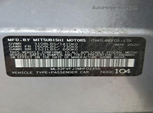 ML32FVFJ1MHF02355 2021 MITSUBISHI MIRAGE Silver 