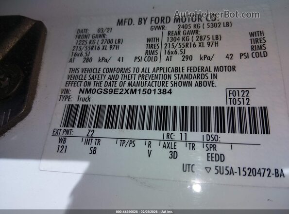 NM0GS9E2XM1501384 2021 FORD PASSENGER White ძრავის განყოფილების ხედი
