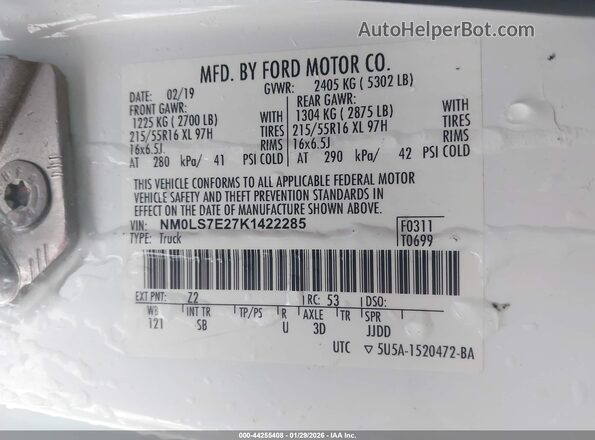 NM0LS7E27K1422285 2019 FORD TRANSIT CONNECT White ძრავის განყოფილების ხედი
