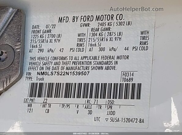 NM0LS7S22N1539507 2022 FORD TRANSIT CONNECT White Engine compartment view