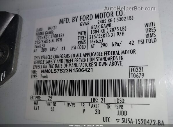 NM0LS7S23N1506421 2022 FORD TRANSIT CONNECT White Widok komory silnika