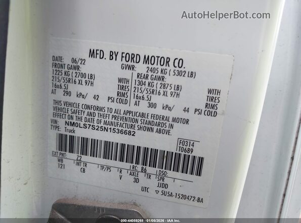NM0LS7S25N1536682 2022 FORD TRANSIT CONNECT White Widok naklejki z numerem VIN