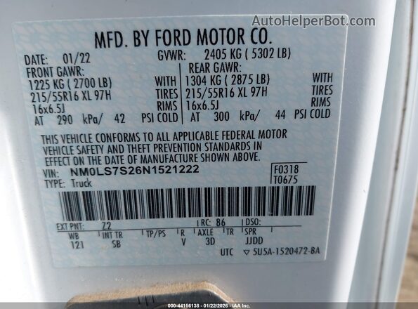 NM0LS7S26N1521222 2022 FORD TRANSIT CONNECT White Vista del compartimento del motor