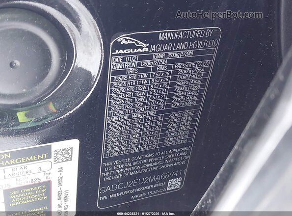 SADCJ2EU2MA669411 2021 JAGUAR F-PACE Черный Вид подкапотного пространства