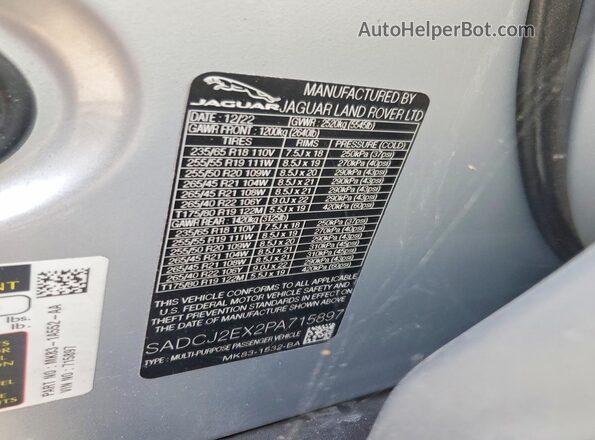 SADCJ2EX2PA715897 2023 JAGUAR F-PACE Silver VIN კოდის სტიკერის ხედი
