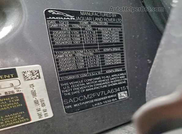 SADCM2FV7LA634151 2020 JAGUAR F-PACE Silver VIN კოდის სტიკერის ხედი