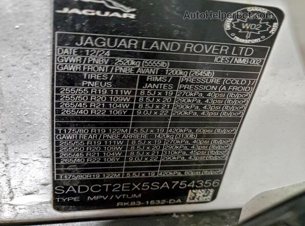 SADCT2EX5SA754356 2025 JAGUAR F-PACE White VIN კოდის სტიკერის ხედი