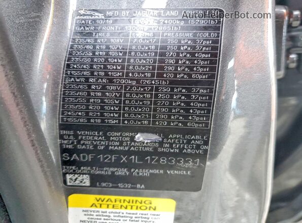 SADF12FX1L1Z83331 2020 JAGUAR E-PACE Gray სალონის 360-გრადუსიანი ხედი