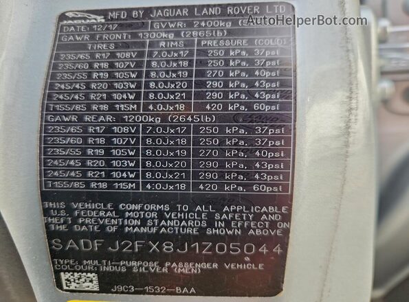 SADFJ2FX8J1Z05044 2018 JAGUAR E-PACE Silver Widok naklejki z numerem VIN