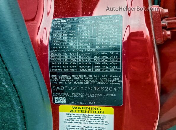 SADFJ2FXXK1Z62847 2019 JAGUAR E-PACE Red VIN sticker view
