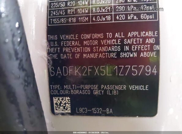 SADFK2FX5L1Z75794 2020 JAGUAR E-PACE Gray Widok komory silnika