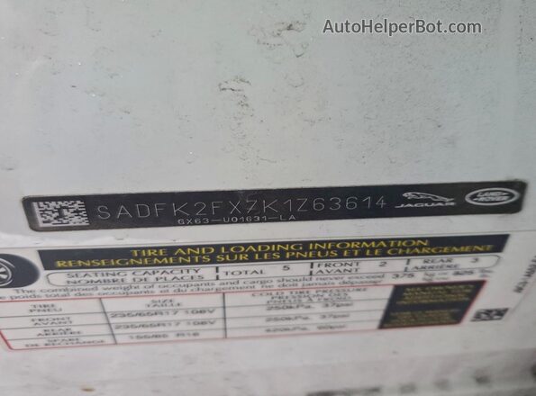 SADFK2FX7K1Z63614 2019 JAGUAR E-PACE White Вид наклейки з VIN-кодом