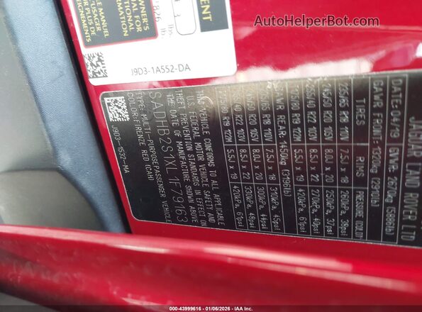 SADHB2S1XL1F79163 2020 JAGUAR I-PACE Red Vista del compartimento del motor
