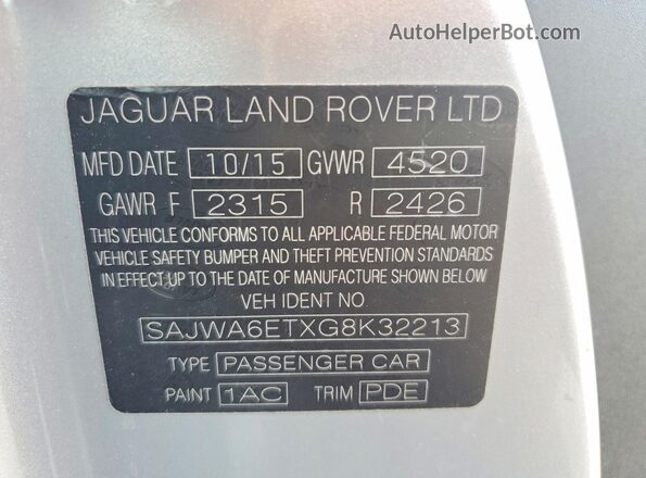 SAJWA6ETXG8K32213 2016 JAGUAR F-TYPE Silver Вид наклейки з VIN-кодом