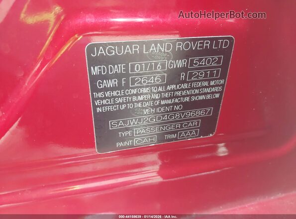 SAJWJ2GD4G8V96867 2016 JAGUAR XJ Red Вид підкапотного простору