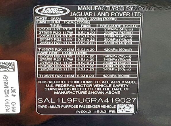 SAL1L9FU6RA419027 2024 LAND ROVER RANGE Черный Панорамный вид салона 360°
