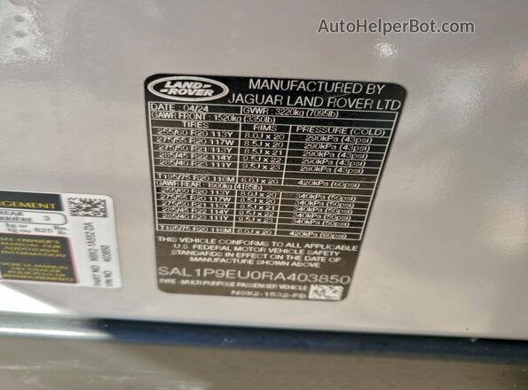 SAL1P9EU0RA403850 2024 LAND ROVER RANGE White VIN კოდის სტიკერის ხედი