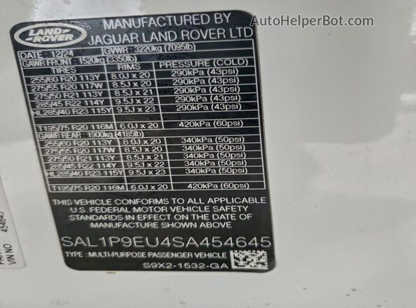 SAL1P9EU4SA454645 2025 LAND ROVER RANGE Белый 
