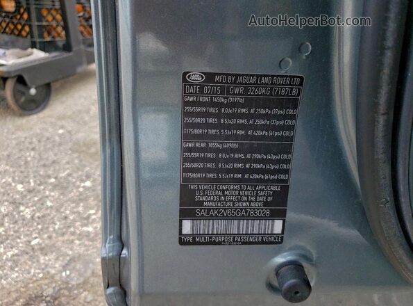 SALAK2V65GA783028 2016 LAND ROVER LR4 Gray Vista de la etiqueta del VIN