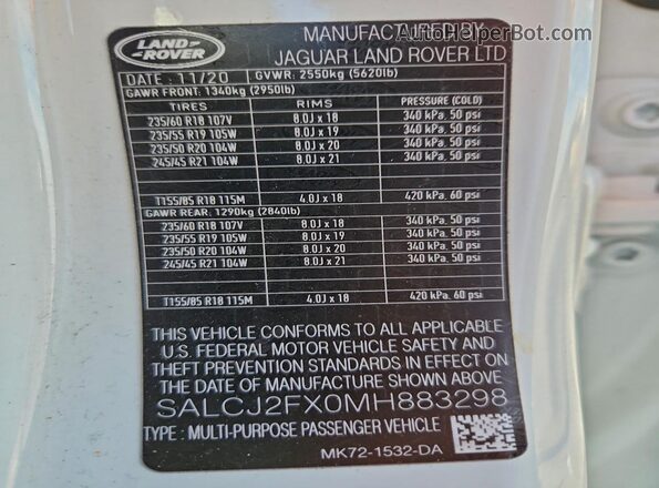 SALCJ2FX0MH883298 2021 LAND ROVER DISCOVERY White VIN կոդի պիտակի տեսք