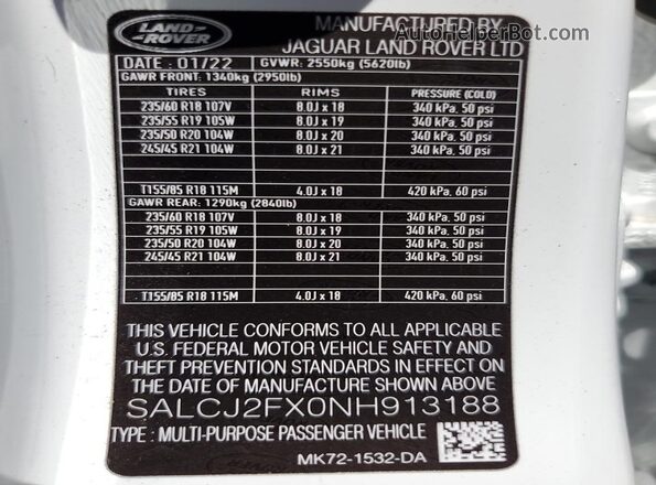 SALCJ2FX0NH913188 2022 LAND ROVER DISCOVERY White Սալոնի 360 աստիճան տեսք