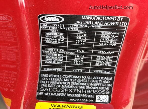 SALCJ2FX7NH905959 2022 LAND ROVER DISCOVERY Red VIN კოდის სტიკერის ხედი